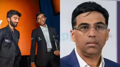 Gukesh praggnanandhaa with norway chess trophy and viswanathan anand.jpg