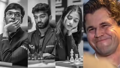Praggnanandhaa gukesh divya deshmukh and magnus carlsen photo by michal walusza for norway chess.jpg