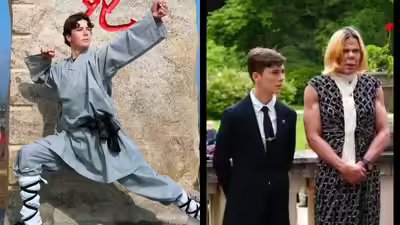 Prince simeon of bulgaria at his kung fu training in china left and with his mother right.jpg