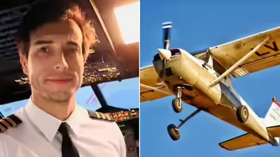 Flight instructor leandro andrs bertazzo left and a cessna 150 training aircraft.jpg