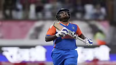 India39s batsman sanju samson looks up as he celebrates his century during the t2.jpg